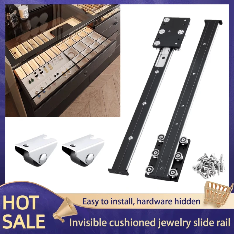 

Concealed Drawer Slides For Jewelry Cabinet Black Dual Core Linear Guide Aluminum Alloy External Rollers Hardware