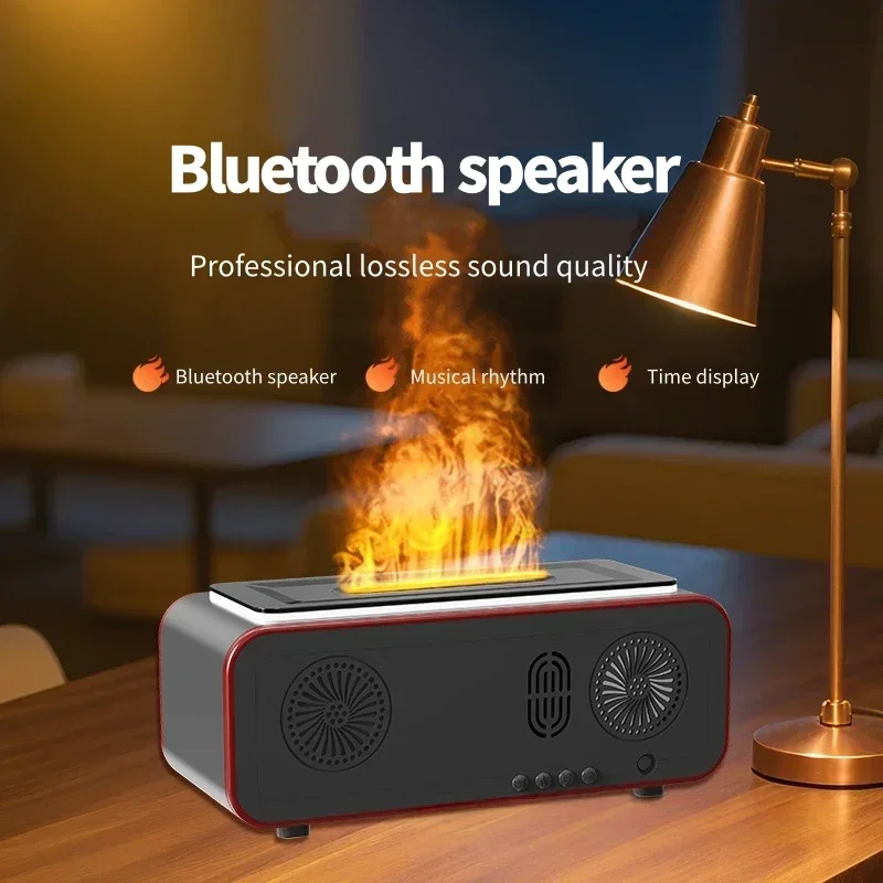 Simulated Flame Fireplace Humidifier Bluetooth SpeakerGift with Atmosphere Light Creative Clock Alarm Clock Aromatherapy Machine