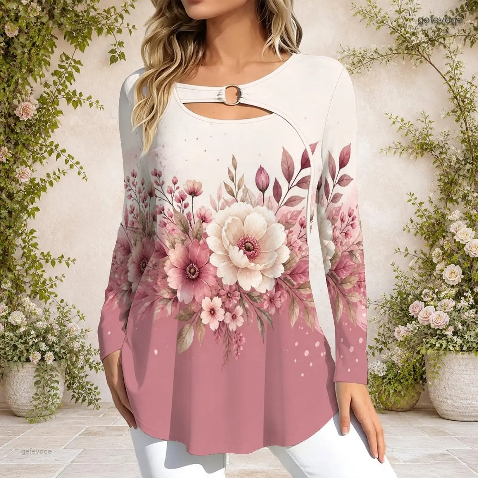 Keyhole Ring Neck Long Sleeve Flared Hem Printed Top for Women