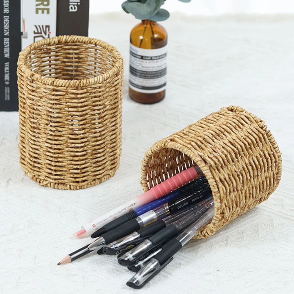 

Imitation Rattan Woven Pen Holder Large Capacity Round Pencil Container Desktop Organizer Multifunctional Storage Bin