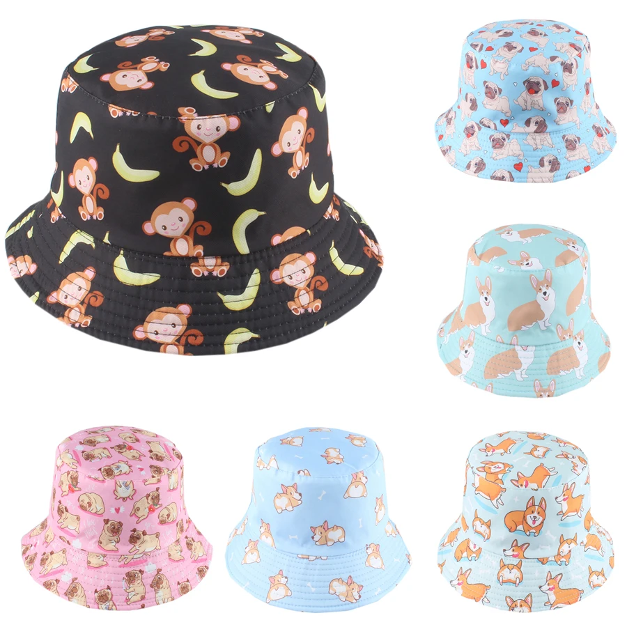 2024 New Panama Bucket Hats Cute Animal Monkey Corgi Print Fisherman Hat Summer Sun Hats For Women Men Reversible Fishing Cap