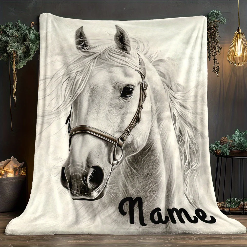 Custom Horse Blanket Personalized Name White Horse Portrait Fleece Throw Equestrian Gift Soft Warm All Season Decor
