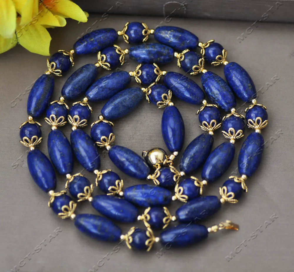 

Z13384 34'' 20mm Blue Rice Round Lapis-Lazuli Gold Plated Petal Necklace Custom Jewelry