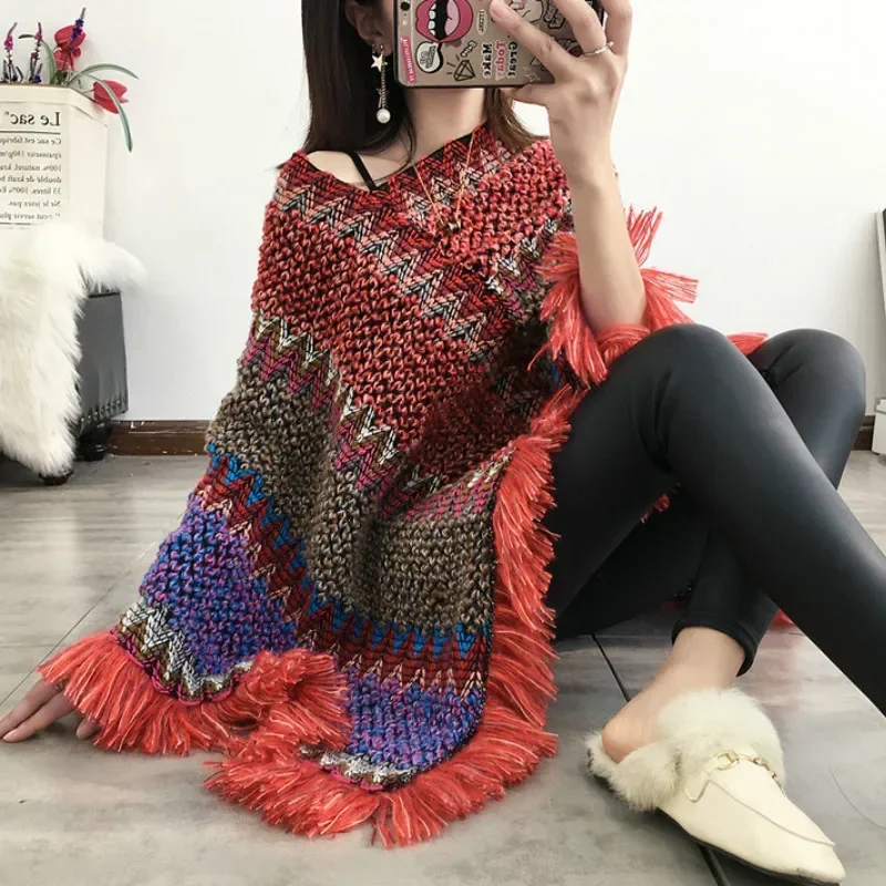 Women National Geometric Cloak Tassels Shawl Knitted Spring Hedging Mohair Fringed Knit Scarf Jacket Long Shawl Casual Poncho