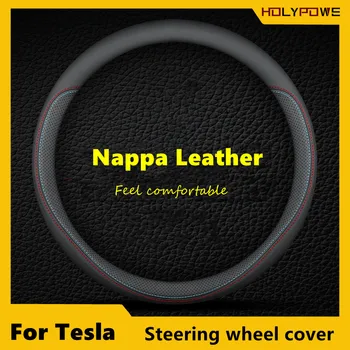 테슬라 모델 3 Y 2017-2024 나파 리얼 가죽 스티어링 휠 커버, 사계절 자동차 인테리어 액세서리, 직경 36-38 cm