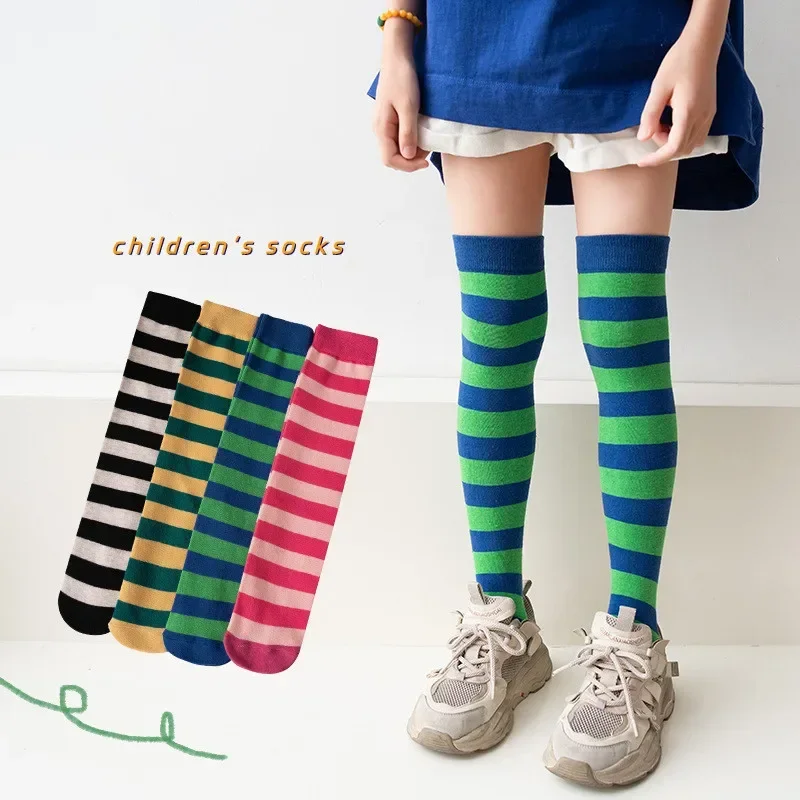 1 Pair Kid Girl Sock Y2K Style Retro Knee High Sock for Toddler Girl Solid Color Series Striped Calf Sock for Children