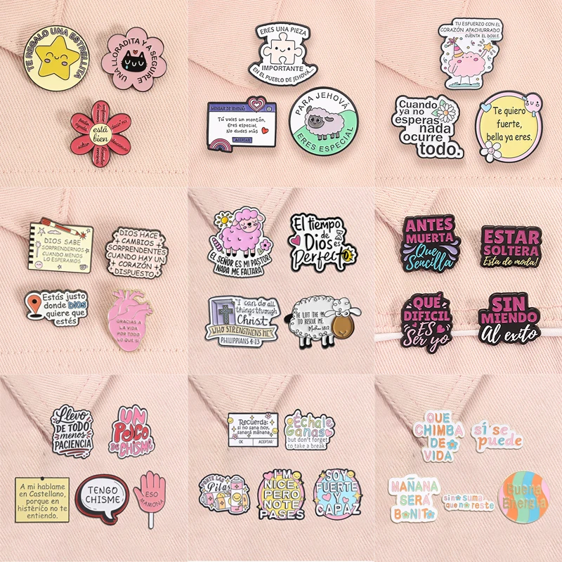 Lot de 2 à 6 épingles en émail avec citations espagnoles, motifs Mouton, Agneau, Jésus, Flork, Memes, Slang Chicano, Professeur, Pomme, Bijoux Cadeaux