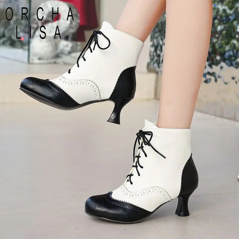 

ORCHA LISA Модные женские ботильоны с круглым носком 6 см, маленький каблук Оксфорд с ремешком, разноцветные, черные, большой размер 46-47, осенний повседневный стиль
