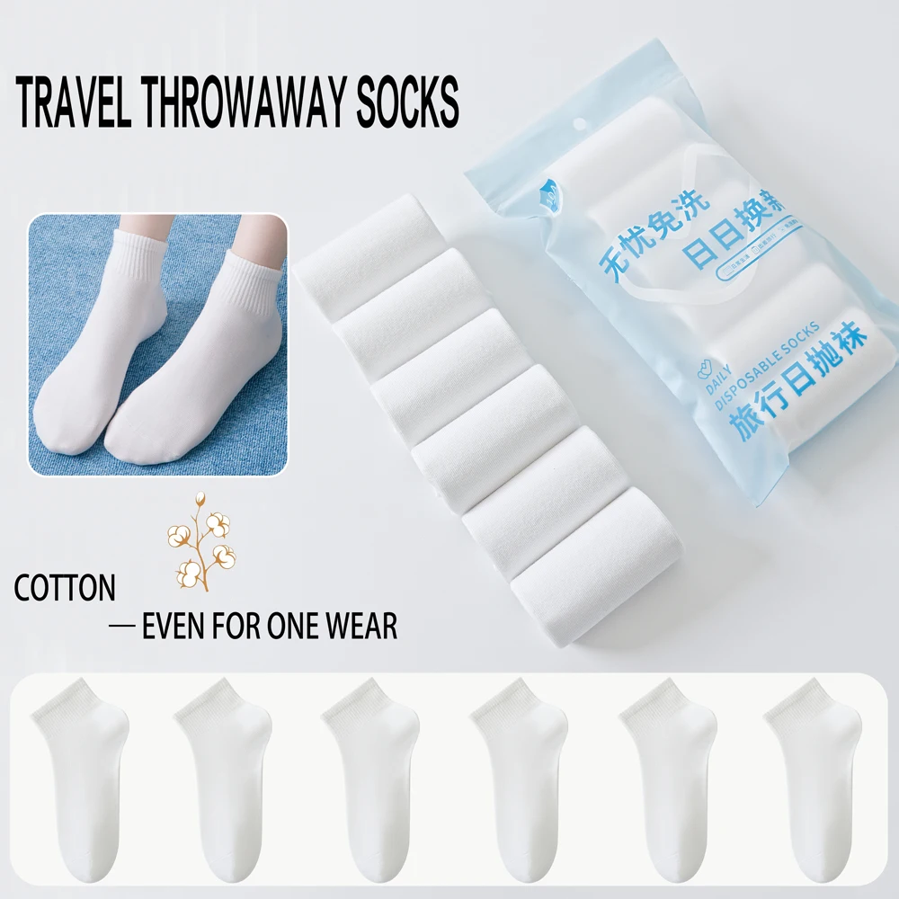 Travel Essential Disposable Cotton Socks White Unisex Breathable Mid-Crew Portable Daily Throwaway 36-43 6Pcs Bag Included