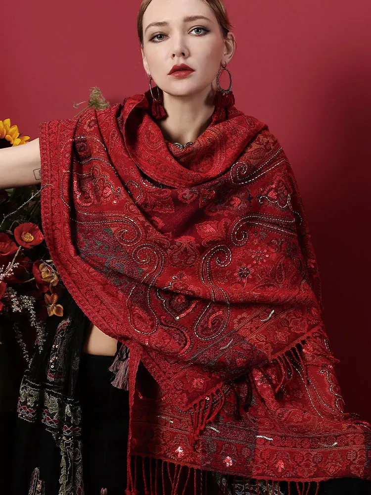 Autumn and Winter High-Grade Wool Scarf Shawl Dual-Use Dark Red Mild Luxury Retro Ethnic Style India