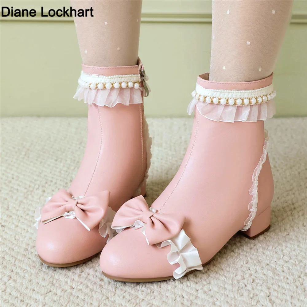 

Women Boots 2025 New Winter Girls Booties Thick Heel Low-heel Short Boots Side Zip Beads Bow Botas Mujer Shoes 31-43 Pink White