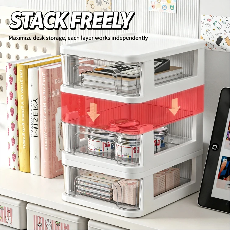 Hot 3-5 Layers Clear Stacking Drawer Organizer Multi-Tier PP Storage Box for Office/Beauty Products, Modular Desktop System