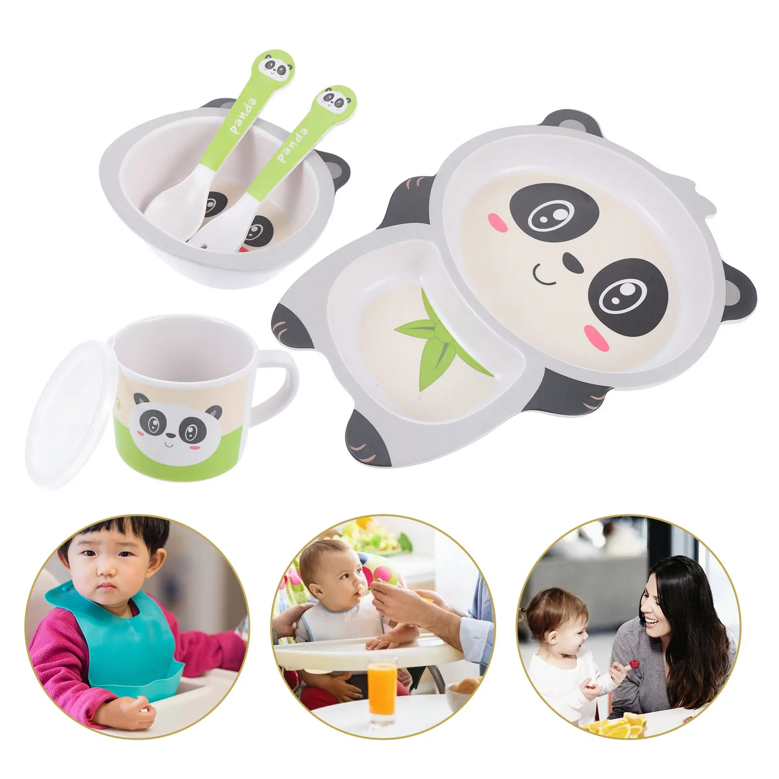 

Набор детской посуды из бамбукового волокна, 5 предметов: тарелка с отделениями, миска, чашка, ложка, вилка для малышей и детей, для еды, десертов, фруктов, тортов