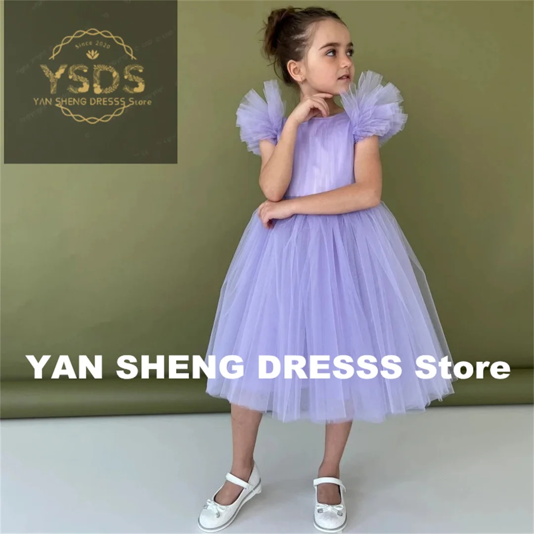 

Customized Flower Girl Dresses Purple Tulle Puffy With Zipper Short Sleeve For Wedding Birthday Party Banquet Holy Communion Gow