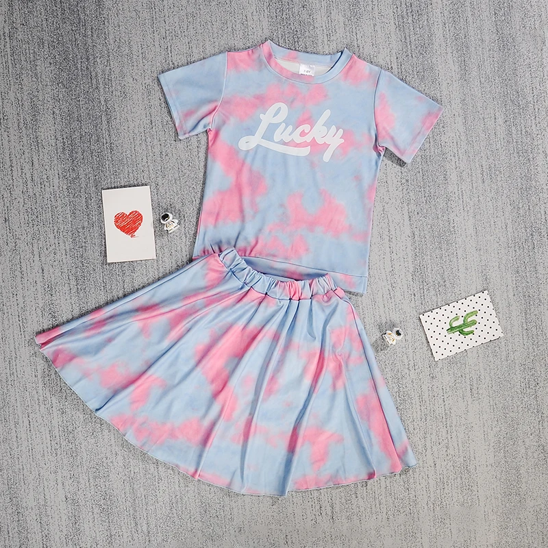 Fashion Girls Clothes Suit Summer Tie-dye Top & Skirt 2 Pieces Set Teenage Girl Trendy Outfit Letter Tracksuit Girl's Sweet Wear