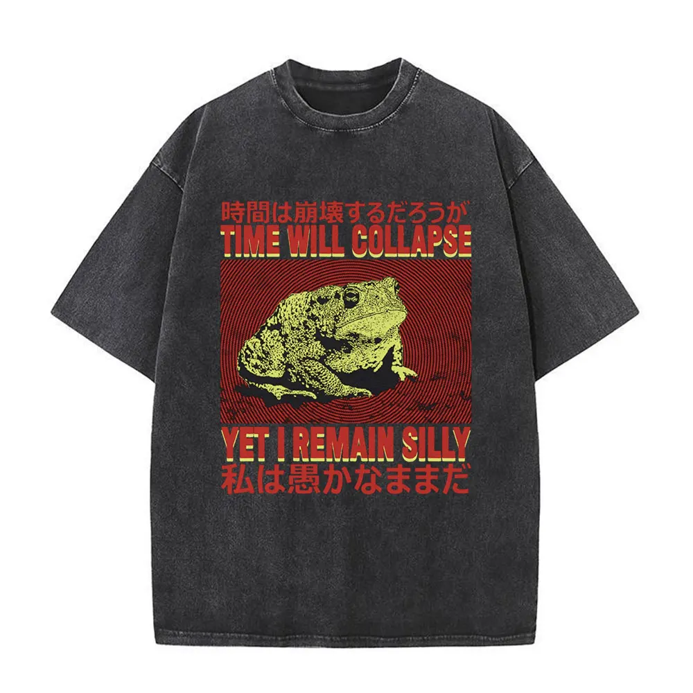 Time Will Collapse Yet I Remain Silly Graphic T Shirts Funny Frog Toad Meme T-shirt Men Women Vintage Washed Oversized T-shirts