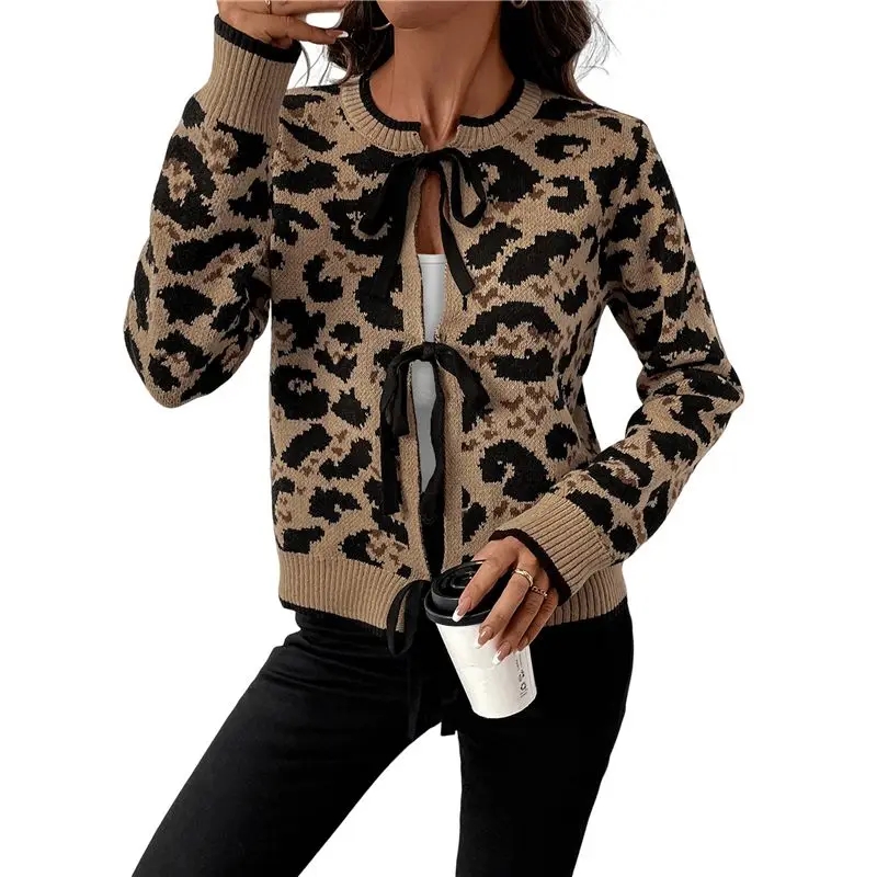 

Женский кардиган ABRT с леопардовым принтом, на завязках спереди, с длинным рукавом, круглым вырезом, вязаный, повседневный, свободный, коричневый, размер L