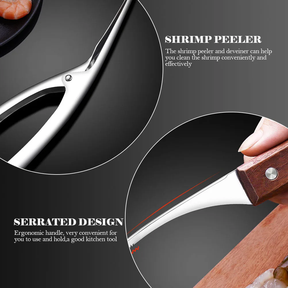

3Pcs Shrimp Peeler Stainless Steel Wood Kitchen Tool Shrimp Deveiner Cutter Shell Cleaner Practical Peeling Gadget