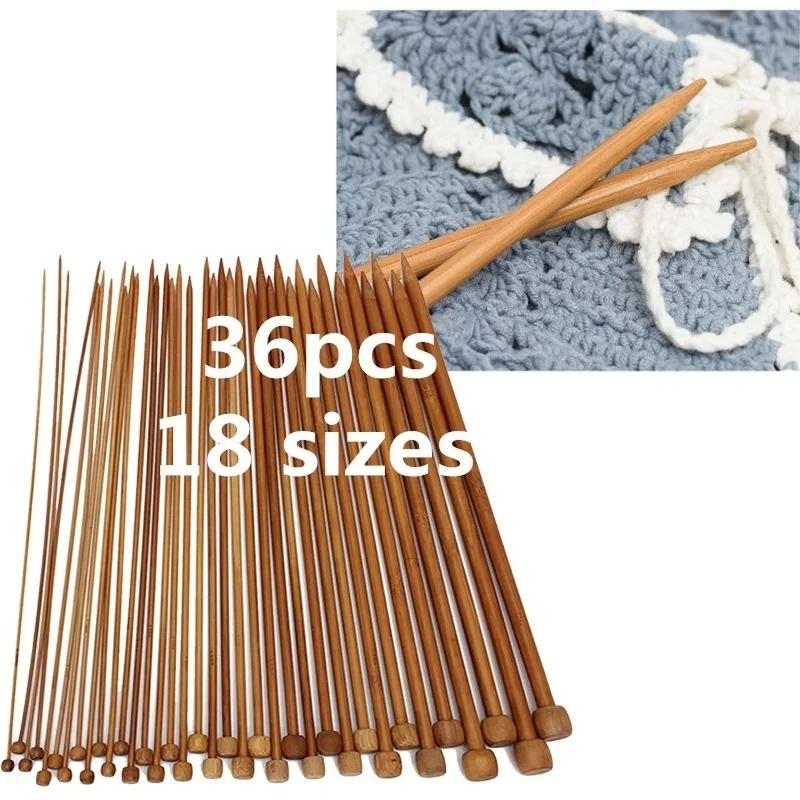 36PCS 18 Size Carbonized Bamboo Crochet Single Pointed Knitting Needles Sweater Needle with A Full Set of Beads