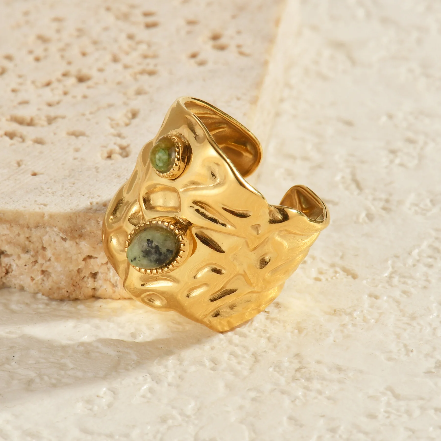 Freeteeme Irregular wrinkled Open Ring for Women 18K Gold Plated Stainless Steel Inlaid Green Stone Rings Jewelry Christmas Gift