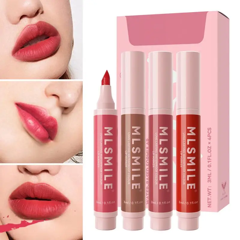 Lápiz de maquillaje de 4 piezas, delineador de labios de larga duración, larga duración, lápiz labial, aplicación suave, brillo Natural