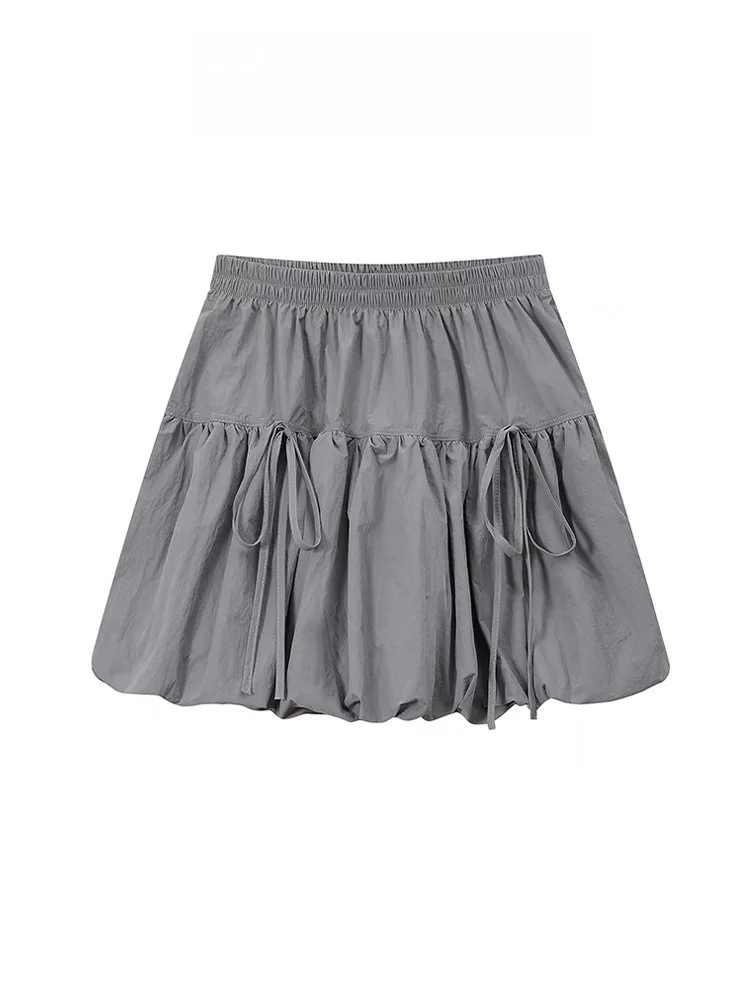 

Gray Elastic Waist Pleated Skirt Women's Spring Summer Design Flower Bud Lantern Short Sweet Cool Half-length Skirt