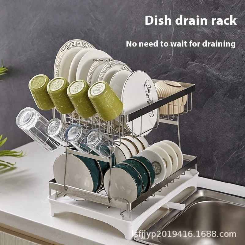 

304 Stainless Steel Kitchen Storage Rack Double-layer Detachable Bowl Dish Tray Drain Rack Multifunctional Storage Basket