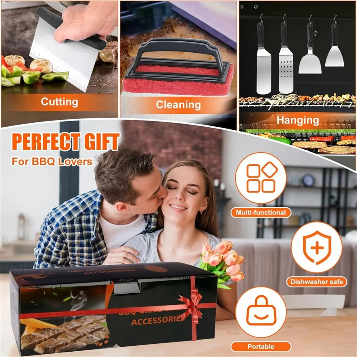 L70A 15Pcs Griddle BBQ Accessories, Professional Stainless Steel Barbecue Utensils Set with Burger Press, Spatulas, Egg Rings