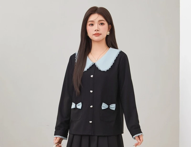 حجم كبير فتاة الحد من العمر الحلو بيتر بان طوق تنوعا محبوك قميص لطيف القوس أنيقة الدانتيل بسيطة أنيقة طويلة الأكمام أعلى