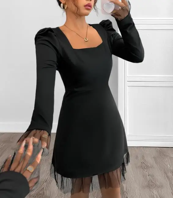 الخريف ساحة الرقبة فقاعة كم مزاجه تنورة قصيرة عالية الخصر شبكة الربط ألف خط اللباس #4