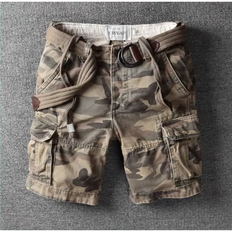 Retro Men's Outdoor Loose Multi-Pocket Camouflage Work Shorts Summer Straight Leg Five-Quarter Pants Casual Polyester Fiber
