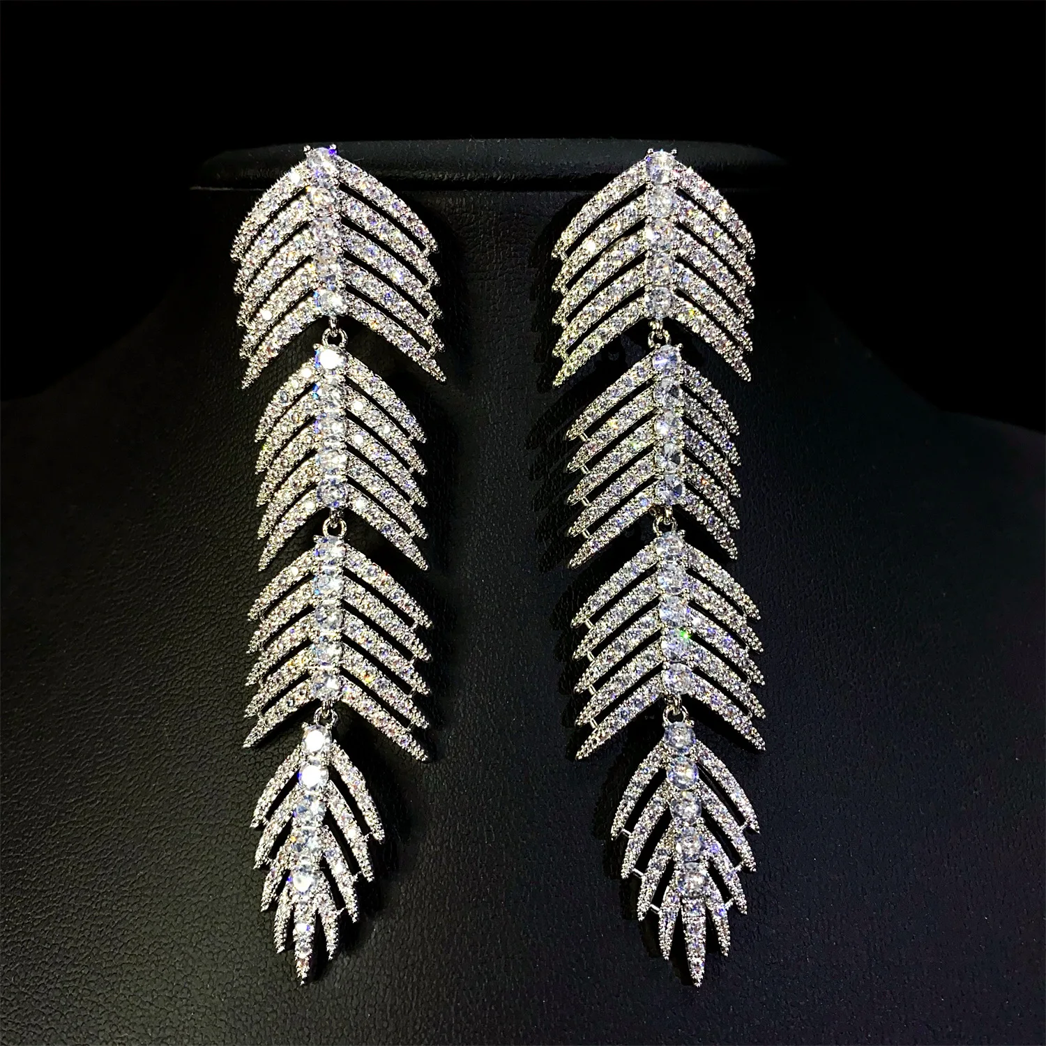 

sparkly zirconia earrings feather leaf long pendant silver color luxury jewelry wedding gala event earrings women dinner party