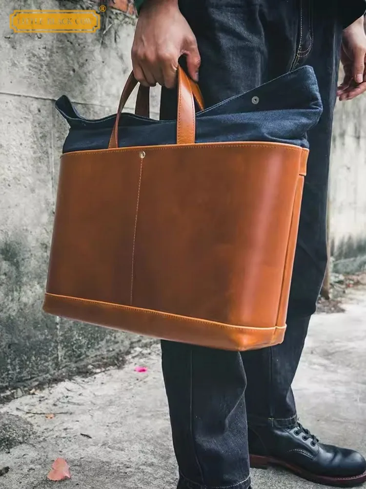 Totes de couro genuíno para homens, bolsa denim emendada de couro, bolsa de viagem de grande capacidade, alça tiracolo, designer artesanal