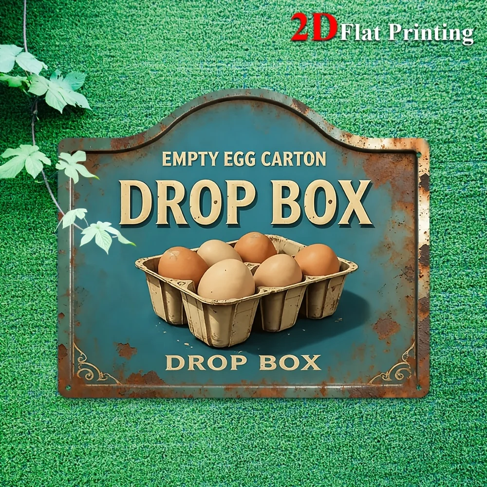 2D Flat, Signs Made Of Metal Sheet Featuring A Vintage Design Of An 'Empty Egg Carton Drop Box' Art Print, Ideal For Farmhouse