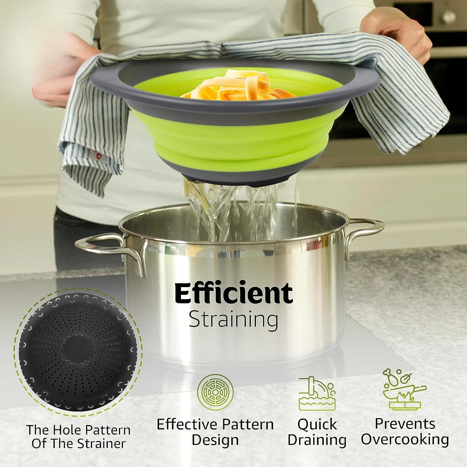 Collapsible Strainers For Kitchen, Green, Set Of 2 | Silicone, Collapsible Colander, Little Pegs To Keep Food Elevated