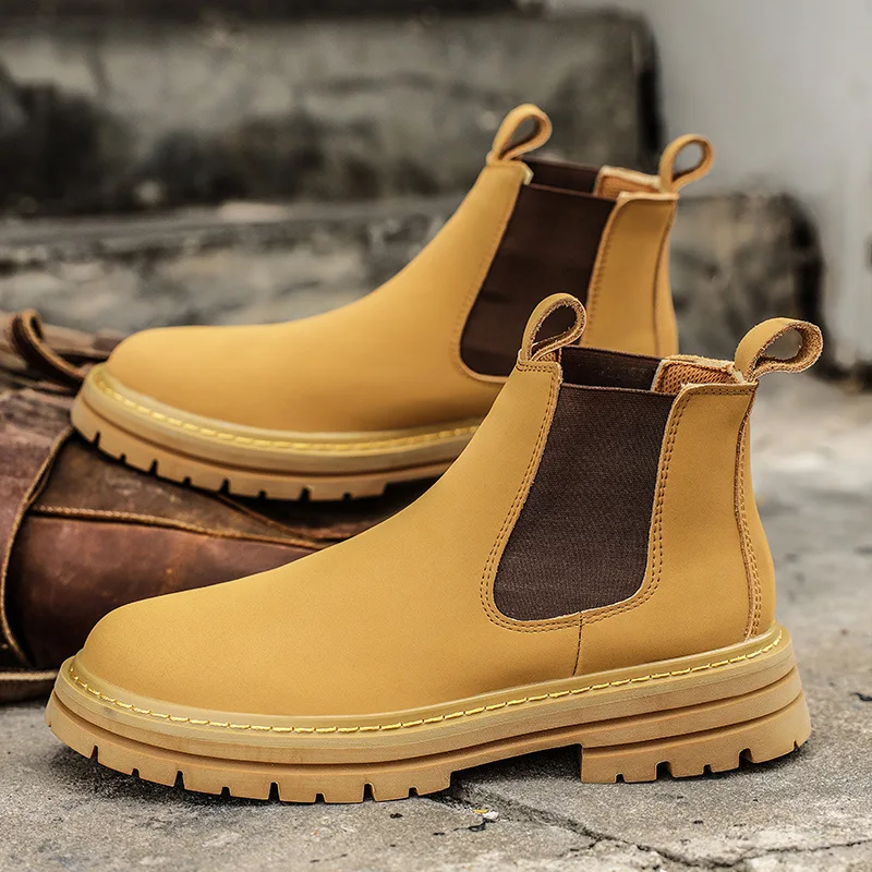 

Outdoor Chelsea Boots Men's Large Yellow Leather Short Boots Autumn Winter Boots Big Size Leather Boots Retro Style