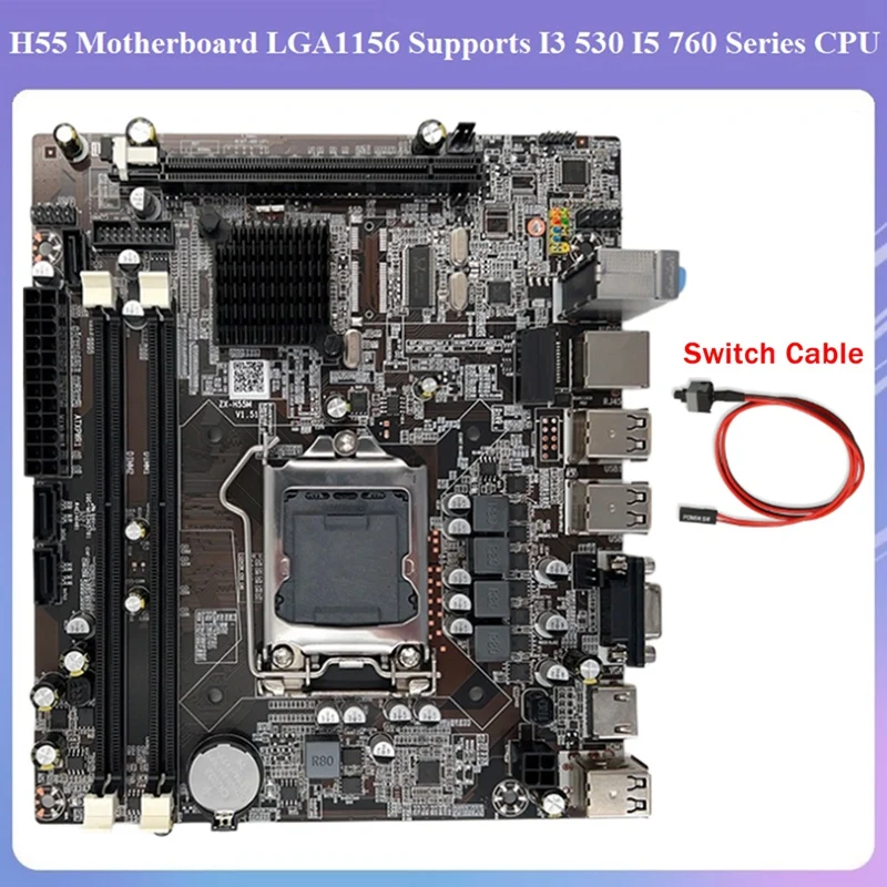 

Материнская плата H55 LGA1156 с поддержкой I3 530 I5 760, процессор DDR3, память, материнская плата для настольного компьютера с кабелем переключения