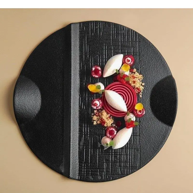 Ceramic Dinner Plate Black Frosted Texture Flat Steak Dessert Plates Snack Solid Color Tableware