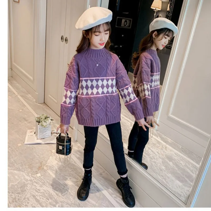 Girls Sweater 2024 New Children\'s Fashion Autumn Winter Plush Thickened Winter Knitted Baby Girl Clothes 5 6 7 8 10 12 Years Old