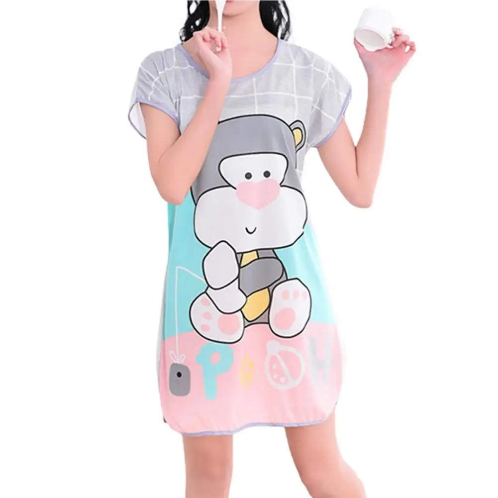 Loose Nightdress Cartoon Pattern Cute Female Round Neck Nighty Dress for Bedroom Sleeping Worn Outside