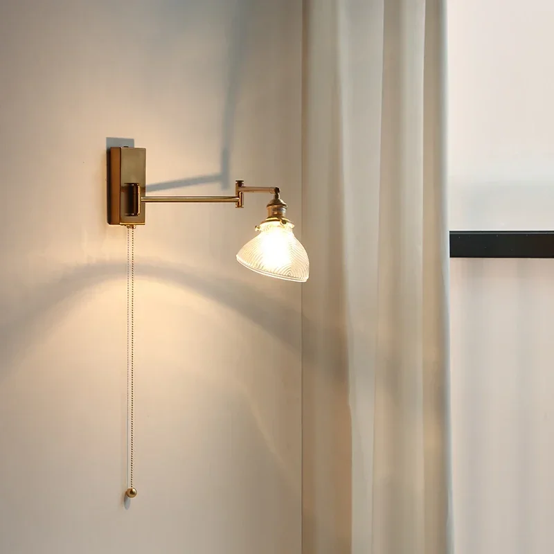 

Clear Glass Copper LED Wall Lamp Pull Chain Switch Walnut Wood Base Sconce for Bedroom Living Room
