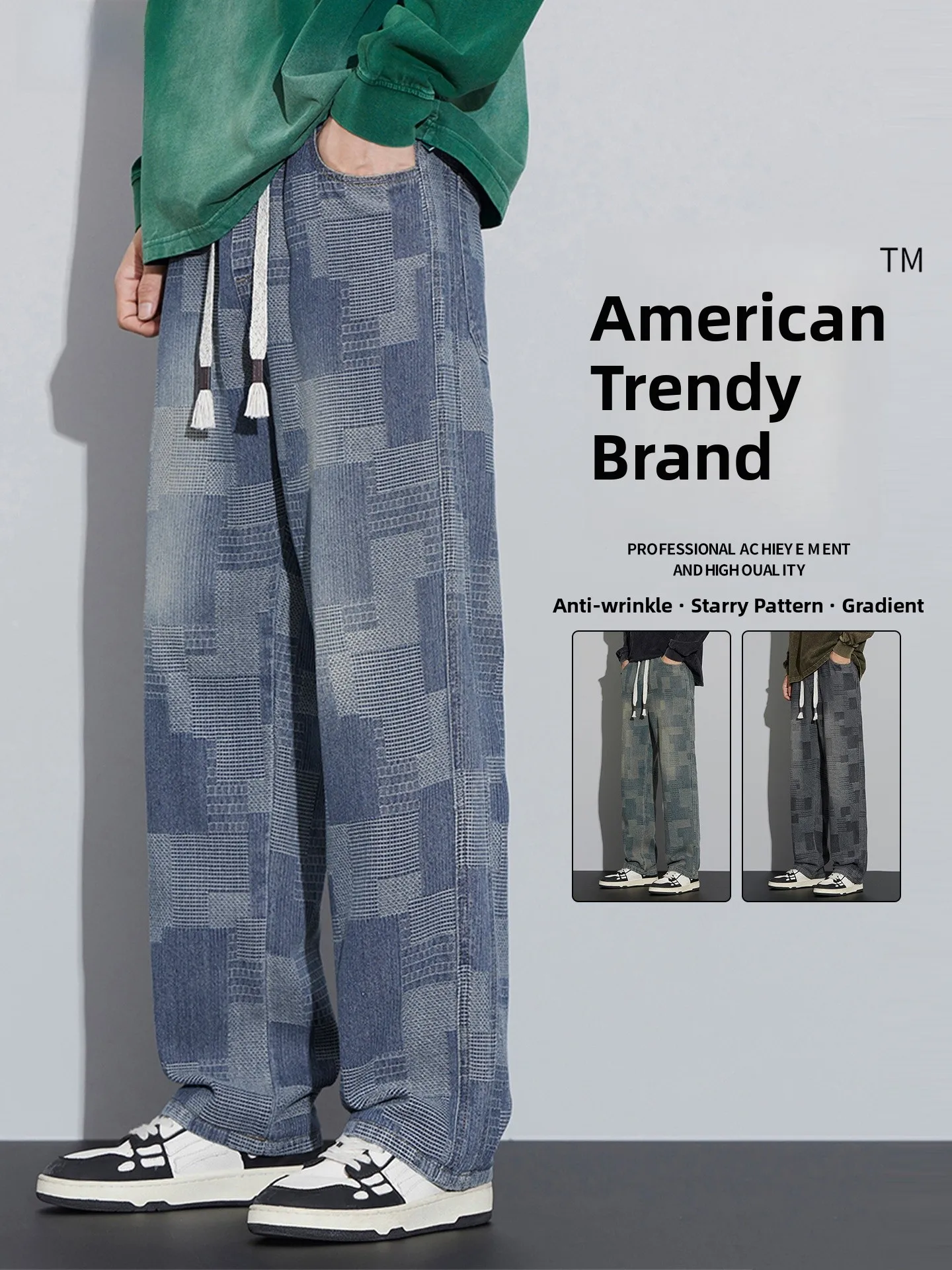 

Trendy Men's Straight Leg Plaid Jeans Casual American Hong Kong Sle Loose Fit Autumn New Arrival Durable Cotton Polyester B...