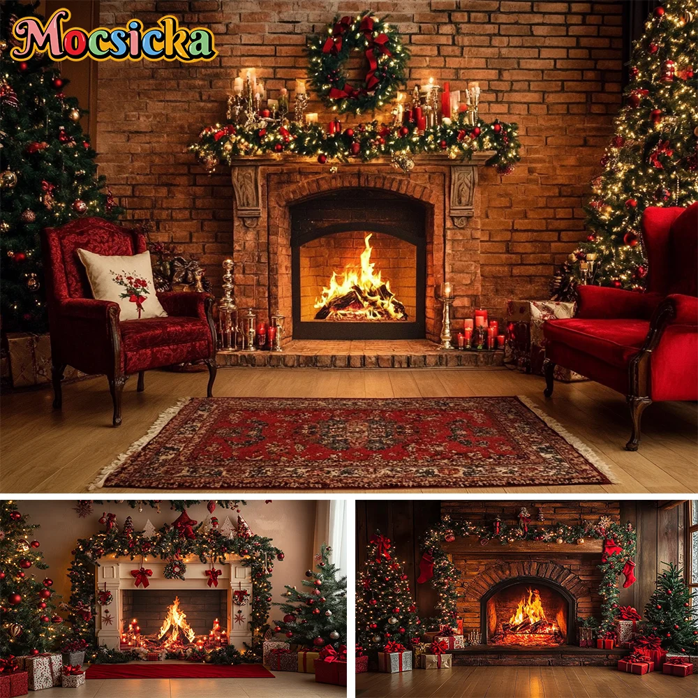 

Christmas Photography Backdrop Xmas Tree Fireplace Gift Winter Window Family Kids Party Christmas Decoration Photo Background