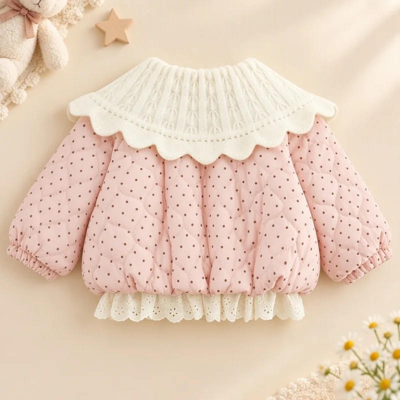 Fashionable Children Winter Coat Baby Girl Sweet Cute Dots Clothing Lovely Newborn Bunny Decor Outerwear Kid Warm Jacket 0-4 Y