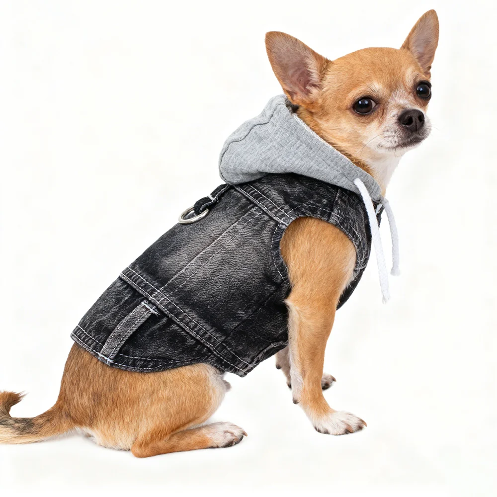 

Dog Jean Jacket Vest with D-Ring Blue Denim Puppy Outfits for Small Medium Dogs Cats Boy Male Puppy Harness Coat for Walking