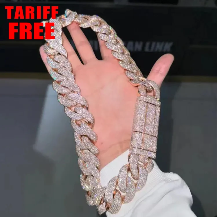 Ready to Ship Gold Plated 22mm Full Iced Out VVS Moissanite Diamond S925 Sterling Silver Cuban Link Chain with GRA Certificate..