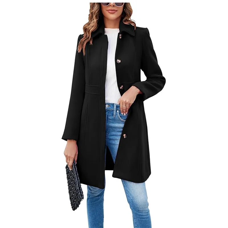 Women Elegant Single Breasted Notch Lapel Winter Pea Coats with Lining