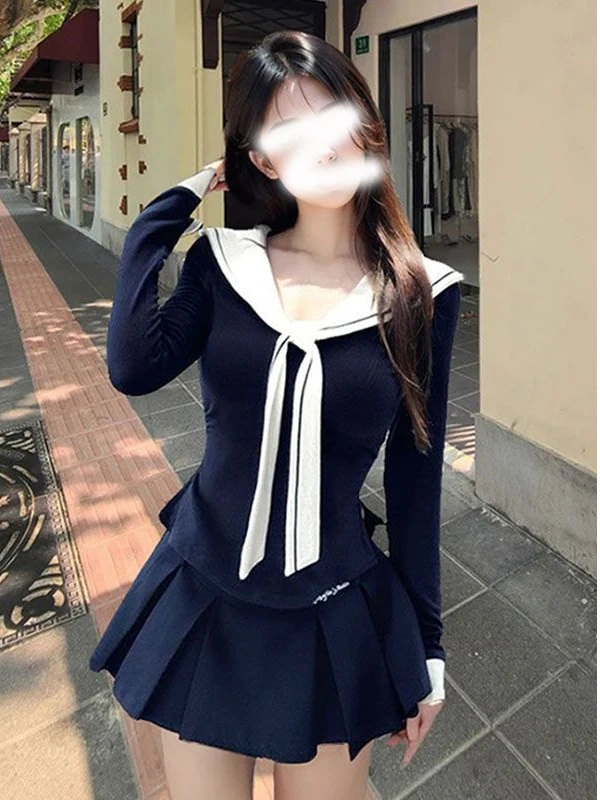 

Милый и стильный комплект: топ с воротником-стойкой и плиссированная юбка с высокой талией для женщин, весенний дизайн, комбинированный базовый топ и юбка