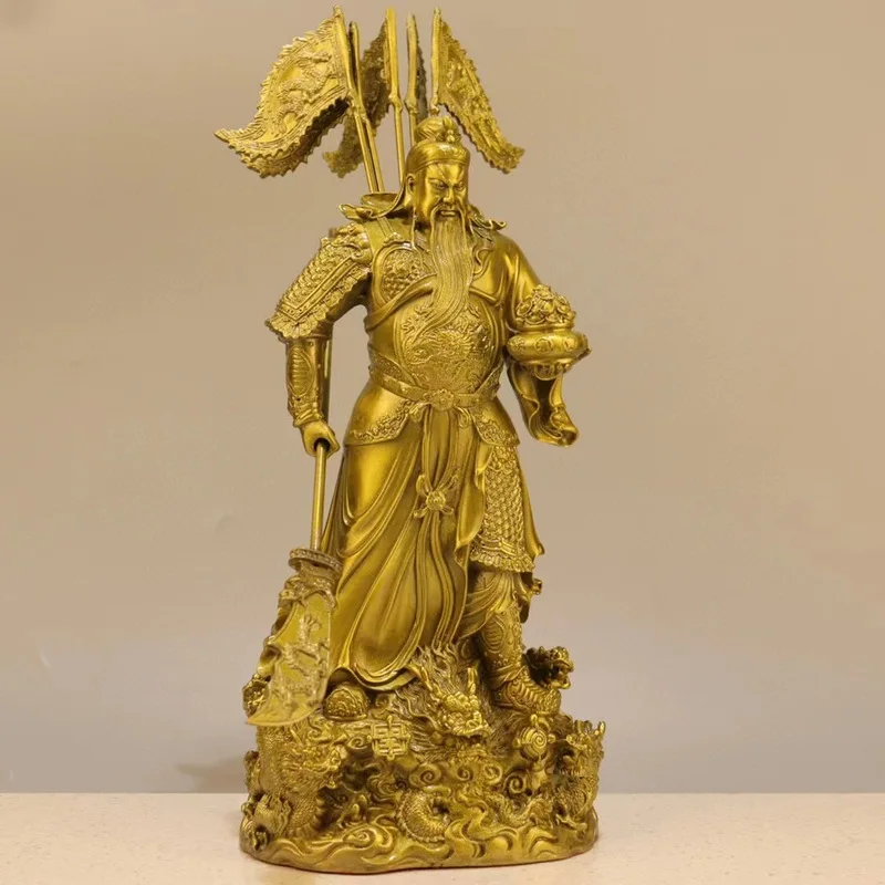 Brass Kowloon Treasure Basin with Guan Gong, God of Wealth, Five-Color Flag, Auspicious Dragon Guan Gong Ornament, New Chinese S