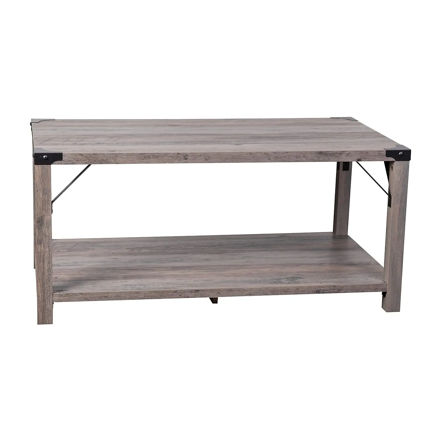 

2 Tier Modern Farmhouse Coffee Table w/ Engineered Wood Frame & Metal Crisscross Braces Corner Accents Gray Wash, Customized
